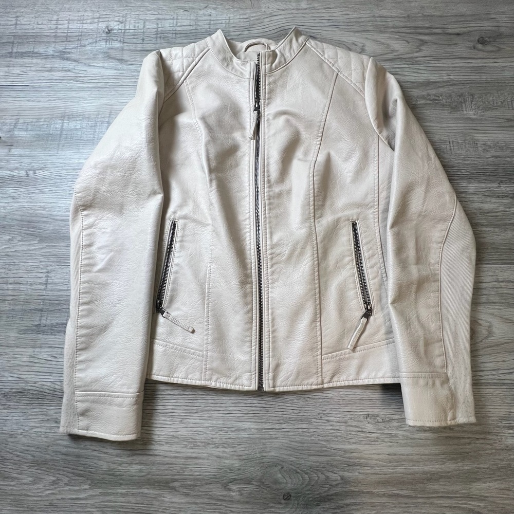 G.H. Bass Co Moto Jacket Womens XL Cream Faux Leather Quilted‎ Biker Zip Up Coat
